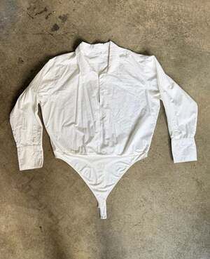 Good American White Cotton Poplin Zip-Up Shirt Bodysuit